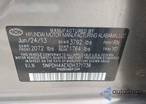 2013 Hyundai Elantra Gls z USA, uszkodzony, nr VIN 5NPDH4AEXDH371736